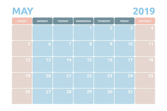Minimal Calendar design for May of 2019 with copy space for desk planner and organiser the appointment.