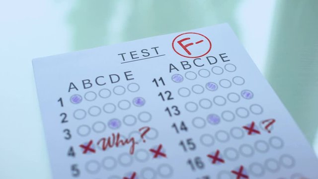 F minus grade on test paper, academic assessment result, failed entrance exam