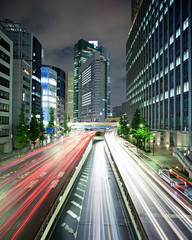 Cityscape, night with light rails. Tokyo