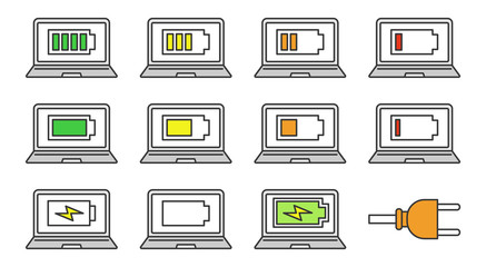 Laptop battery charging color icons set