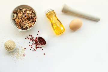 keto dieting. ketogenic foods on white background with copy space. low carb, high good fat. Concept...
