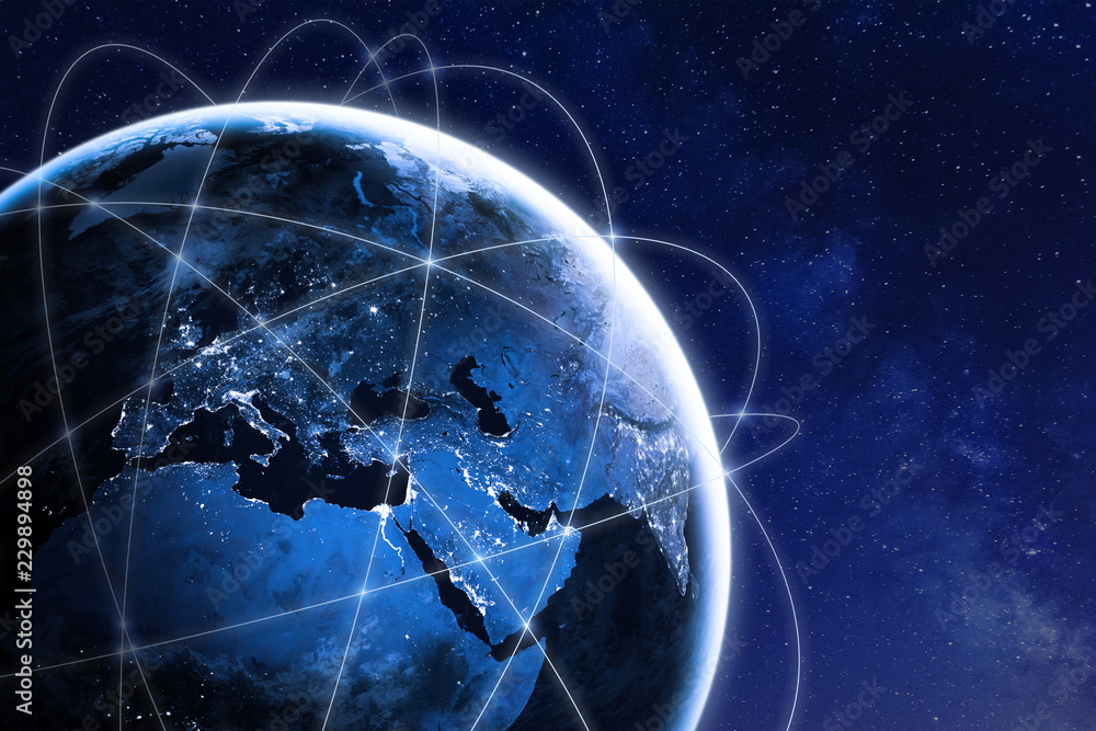 Wall mural global connectivity concept with worldwide communication network connection lines around planet eart
