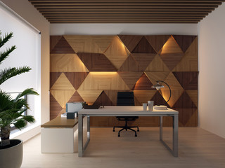 3d rendering wood wall panels on the wall and desktop