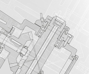 Mechanical engineering drawings on white background. Milling machine spindle. Technical Design. Cover.