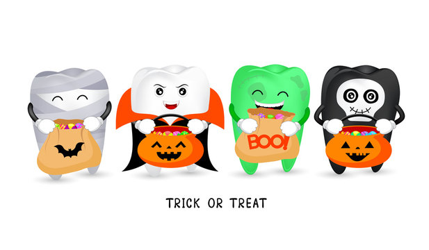 Cartoon spooky tooth with candies. Trick or treat, Halloween concept. Illustration isolated on white background.