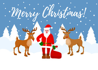 Santa Claus and Christmas Deer. Christmas card.