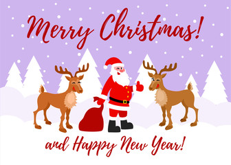 Santa Claus and Christmas Deer. Christmas card.