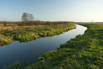 Green shore and calm river.