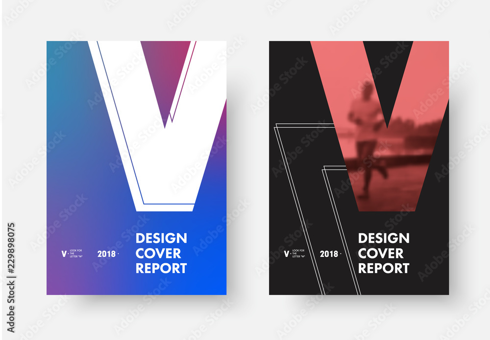 Poster set of vector covers with the shape of the letter v, with a purple gradient and a place for a photo.