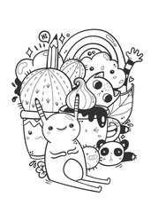 Cute monsters. Doodle coloring page. Hand drawn vector illustration