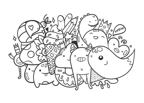 Cute monsters. Doodle coloring page. Hand drawn vector illustration