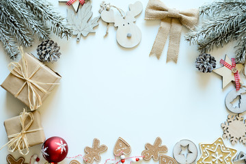 christmas wooden ornament natural decoration card with copy space in center horizontal snow white
