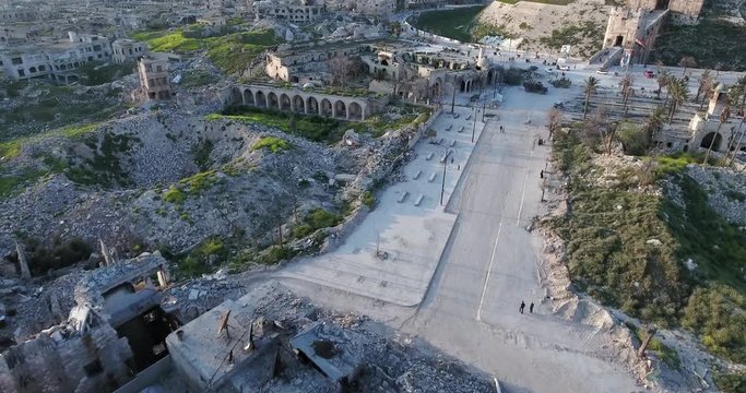 Aerial view of destroyed Citadel of Aleppo 