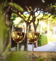 two single glasses of wine wiht free space for your bottle and blurred background. 