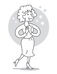 Satisfied woman smile and stand on the one leg.  Her arms are on her chest. Cartoon vector illustration