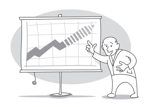 Old economist presens growth forecasts chart on whiteboard. Cartoon vector illustration