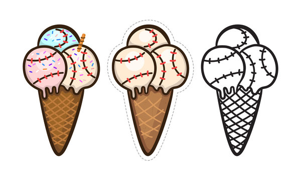 Vector illustration for baseball isolated. Ice cream sports ball for birthday design, greeting cards, holiday posters, print shirt, template for cutting, scrapbooking, cartoon style.