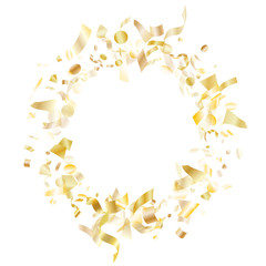 Holiday realistic gold confetti flying on black background.