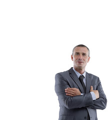 successful businessman standing in front of a blank screen