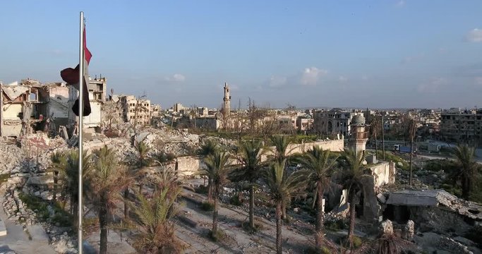 Aerial view of destroyed mosque in Aleppo city
