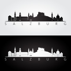 Fototapeta premium Salzburg panoramę i zabytki sylwetka, czarno-biały design, ilustracji wektorowych.