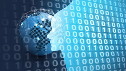 Machine Learning, Artificial Intelligence, Cloud Computing, Automated Support Assistance and Networks Design Concept with Earth Globe and Human Head
