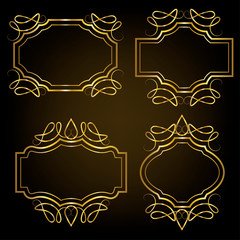 Set of vintage twisted golden frames of different shapes on dark background. Vector illustration.