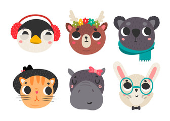 Cute animal faces. Colored vector set. All elements are isolated