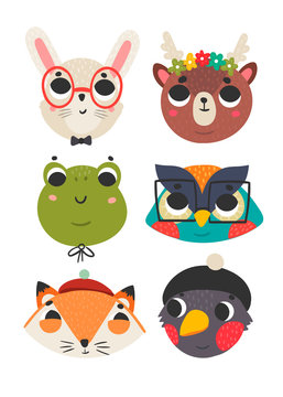Forest animals. Cute animal faces. Colored vector set. All elements are isolated