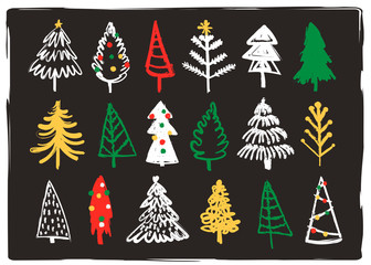 Hand drawn christmas trees. Doodle vector set