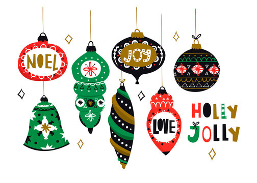 Paper cut christmas tree toys. Hand drawn colored vector set. All elements are isolated