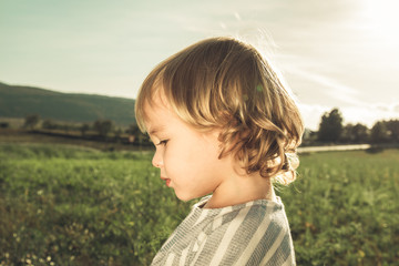 Portrait of a lovely little girl in the blonde field.