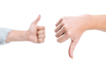 cropped image of woman and man showing thumb up and thumb down isolated on white