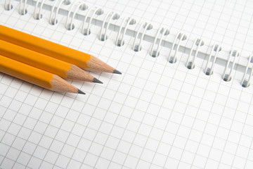 Three pencils lie on a notebook sheet.