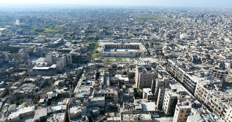 Fototapeta premium city of Aleppo in aerial view, filmed by a drone, syria