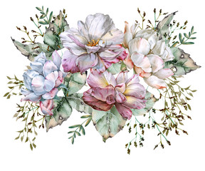 Naklejki  Kompozycja róż z dzikimi kwiatami. Na białym tle.