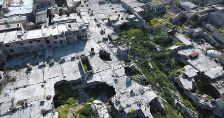 city of Aleppo in aerial view, filmed by a drone, syria