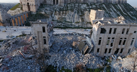 city of Aleppo in aerial view, filmed by a drone, syria