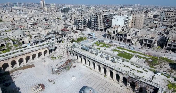 Aerial view of destroyed mosque in Aleppo city