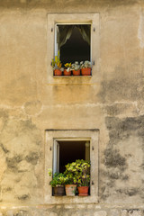 window openings with flowers on the old building in the old town