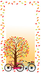 Flat design of Autumn sale banner with white flame outline autumn leaves,Vector fall season poster on white background with tree and lover bicycles,Layout for discount labels,flyers and shopping.