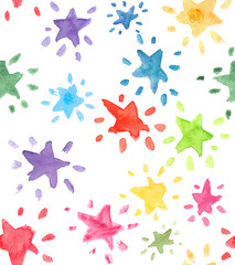 Seamless pattern with simple abstract colorful stars painted in watercolor on white isolated background