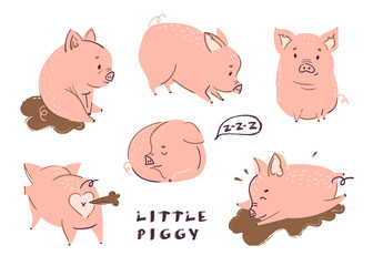 Cute little piggies. Colored vector set. All elements are isolated