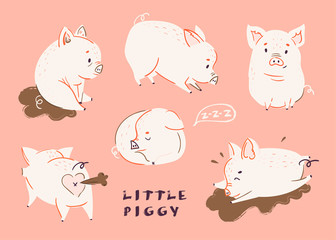Cute pigs. Colored vector set. All elements are isolated. Pink background