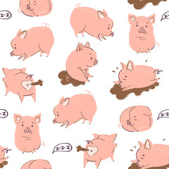 Cute little pigs. Colored vector seamless pattern