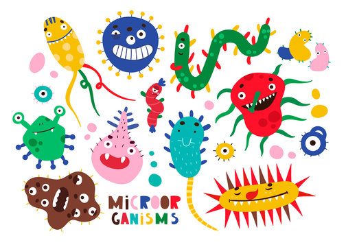 Various micro monsters and bacterias. Hand drawn vector set. All elements are isolated