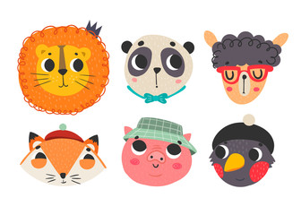 Cute animal faces. Colored vector set. All elements are isolated