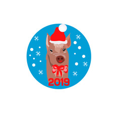 Christmas poster with image a pig portrait in Santa s hat and with red bow. Vector illustration.