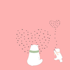 Vector polar bear Mommy sitting looking at child playing around with flying bees in heart shape,Two white bear with heart shape background on pink pastel,Baby shower,kid birthday,Mother day card
