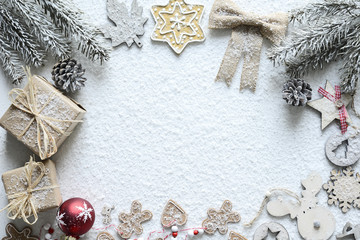 christmas wooden ornament natural decoration card with copy space in center horizontal snow white